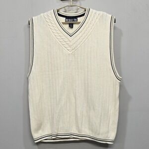 Vintage 90s Mens Sweater Vest XL Cream Cable Knit V Neck Preppy Varsity Tennis